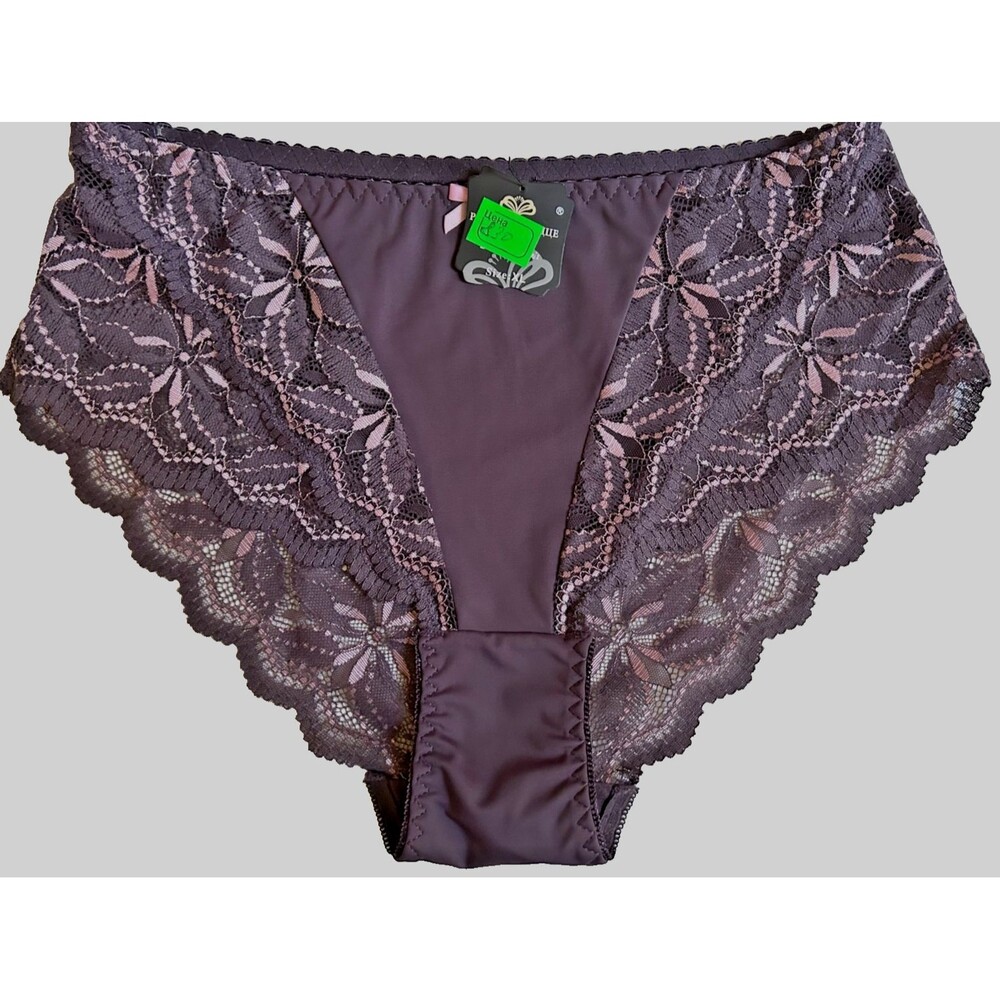 Womens L Purple High Waist Panties with Lace Seamless Scalloped Full Brief Comfy